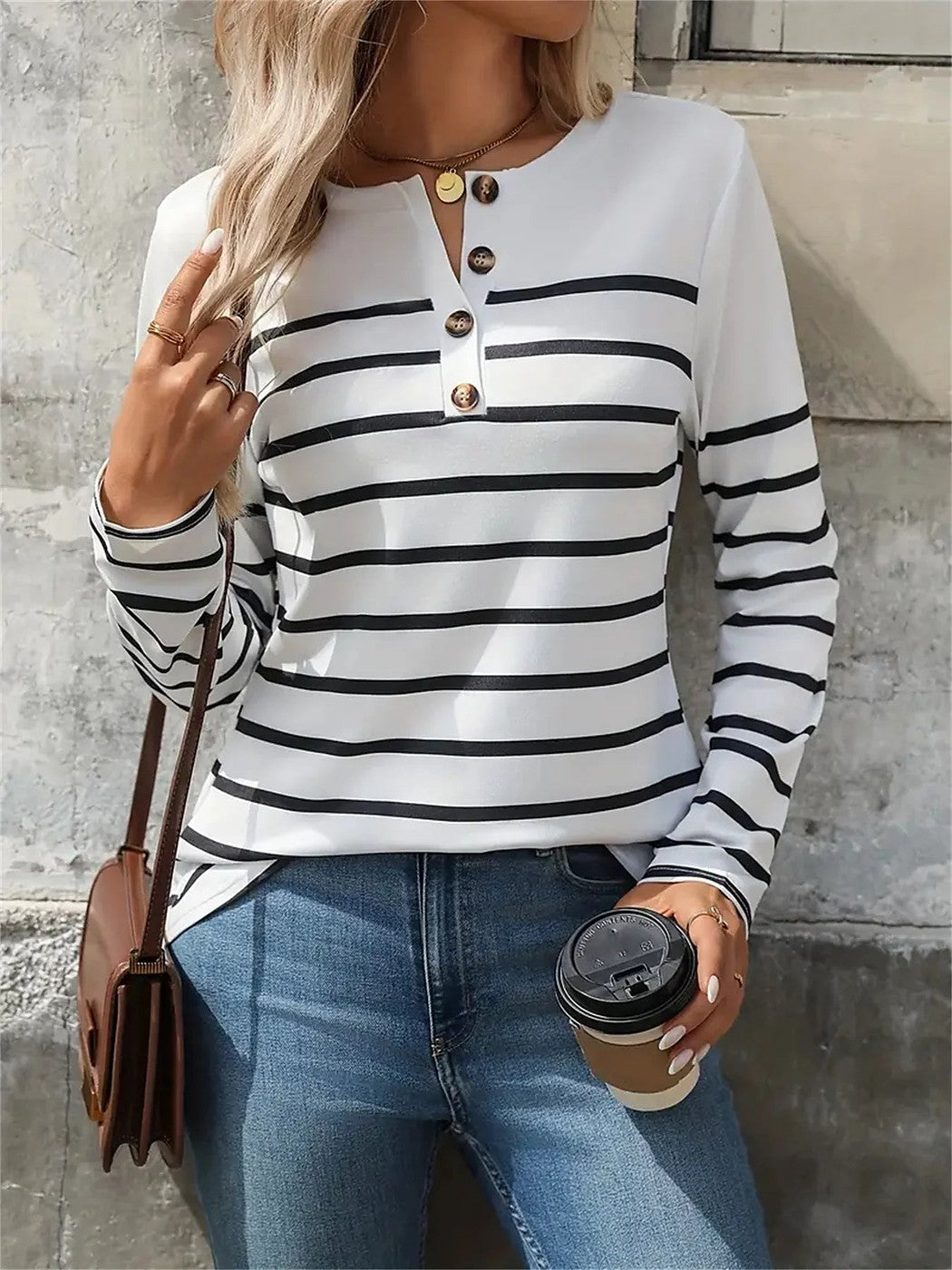 Women's Striped Henley Long Sleeve Top