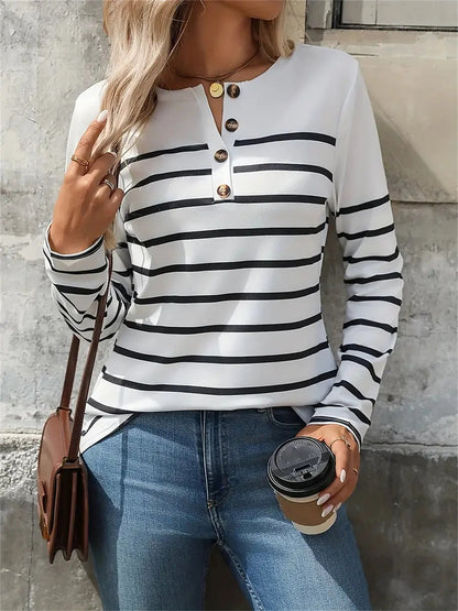 Women's Striped Henley Long Sleeve Top