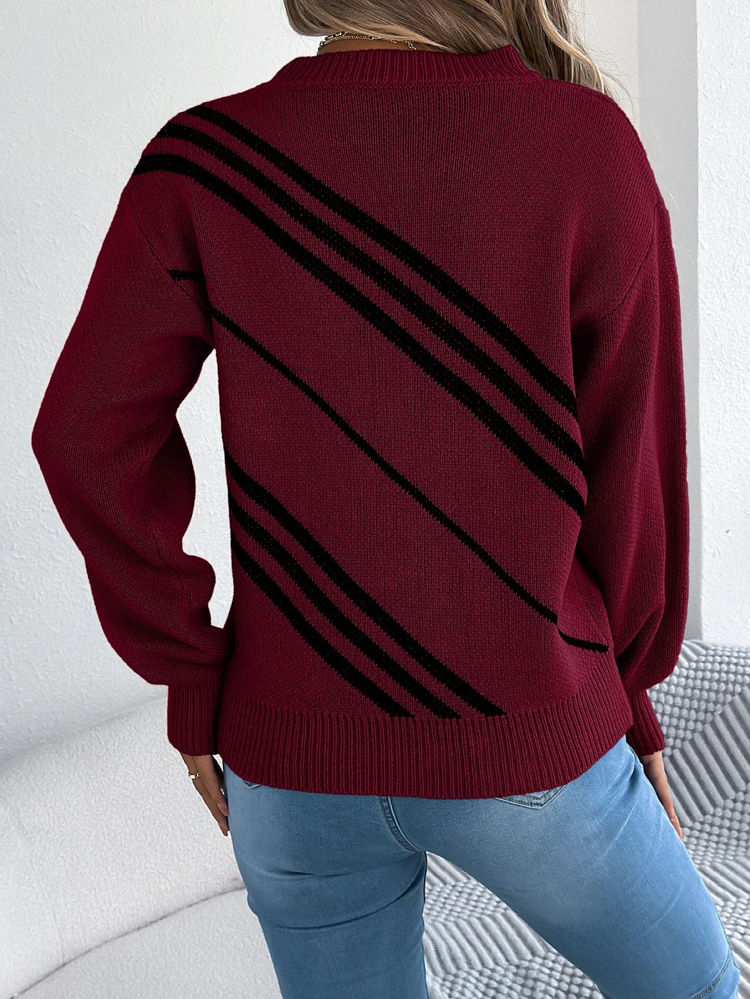 Women's Diagonal Stripe Puff Sleeve Jumper