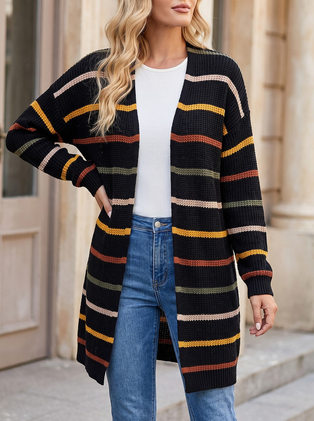 Women's Fine Stripe Longline Open Cardigan