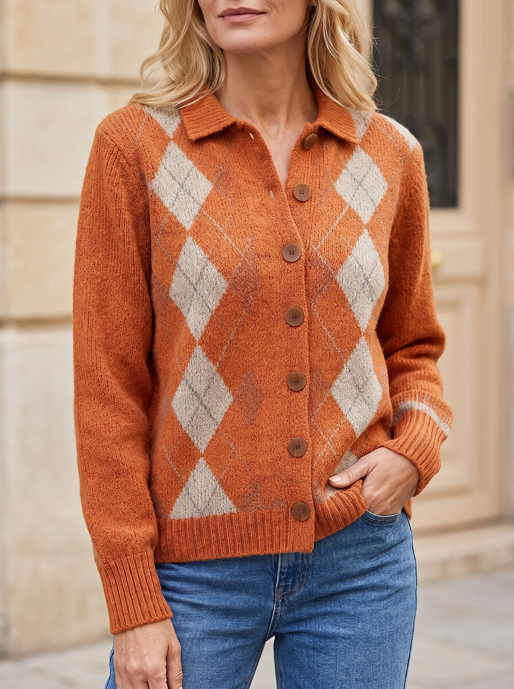 Women's Argyle Trim Collared Cosy Cardigan
