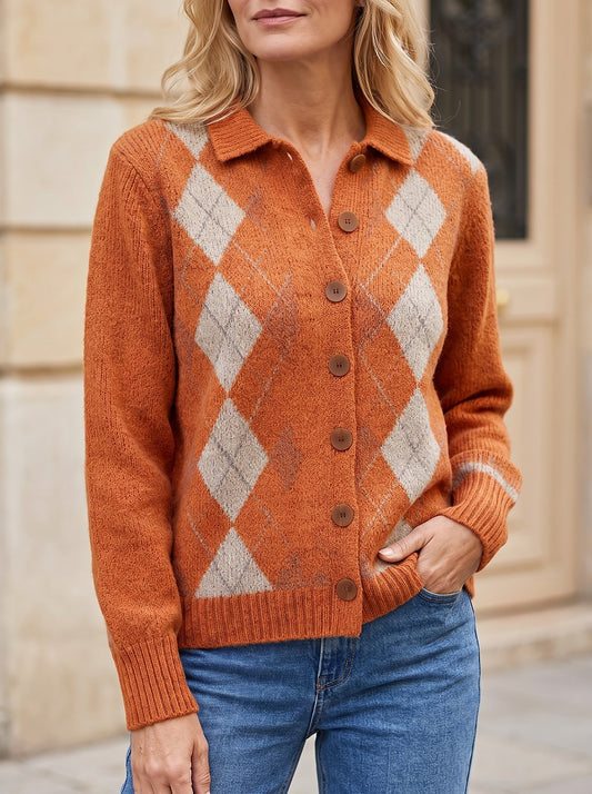 Women's Argyle Trim Collared Cosy Cardigan