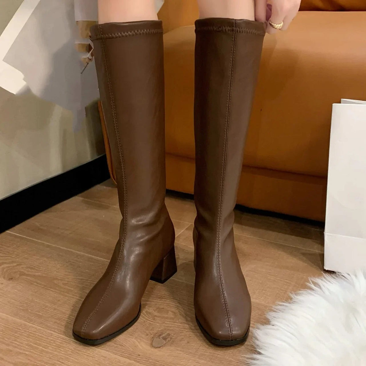 Women's Back Zip Long Block Heel Boots