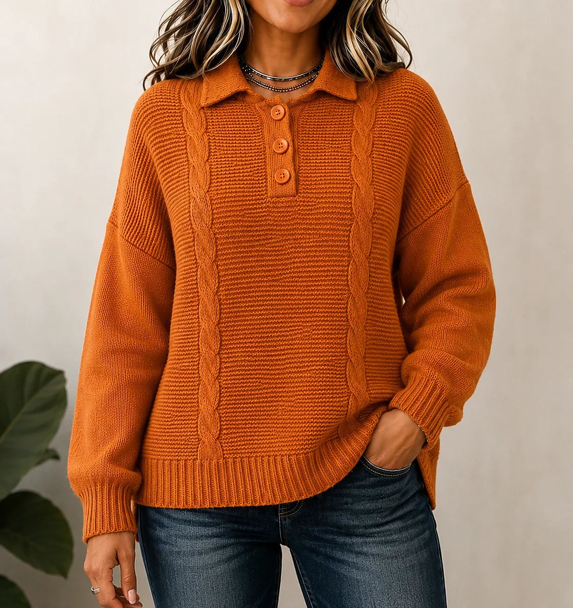 Women's Polo Collar Cable Jumper