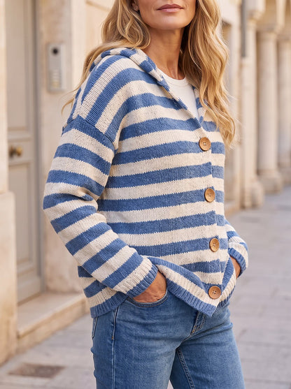 Women's Striped Hooded Button Up Cardigan