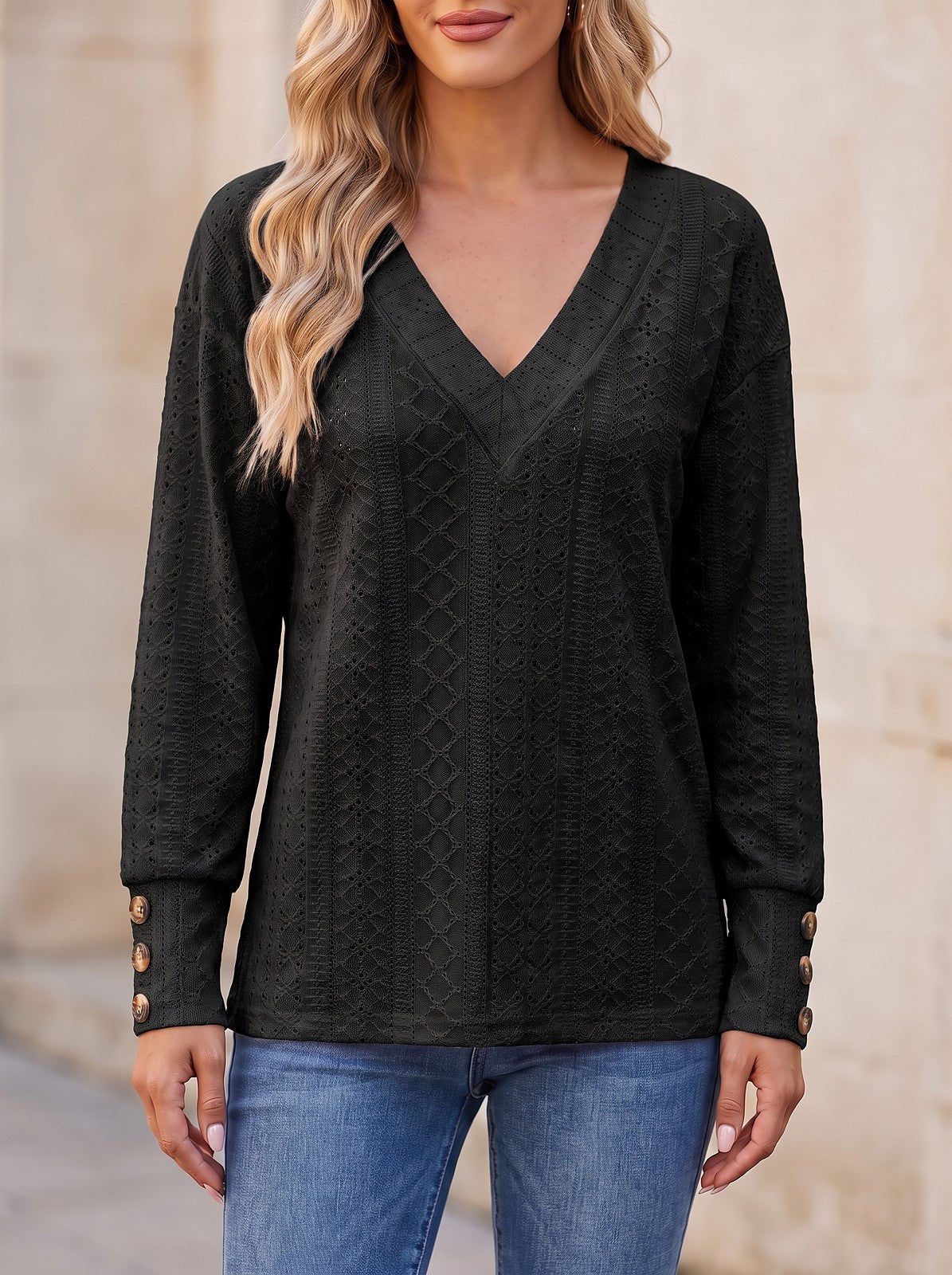 Women's Eyelet V Neck Button Blouse
