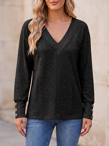 Women's Eyelet V Neck Button Blouse