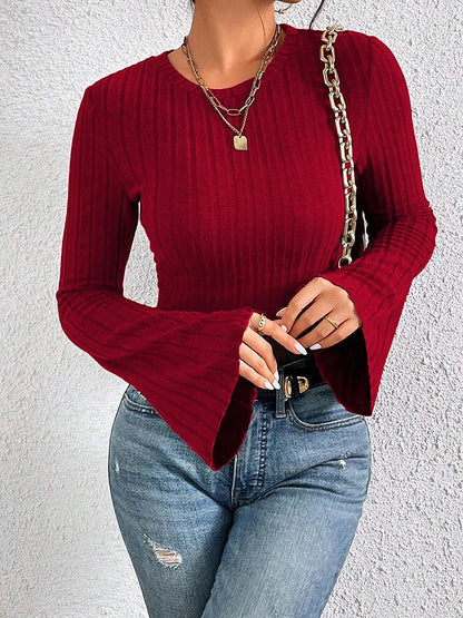 Women's Easy Wear Flare Sleeve Ribbed Top