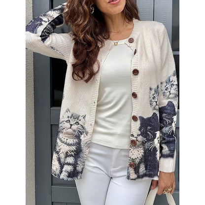 Women's Cat Print Button Cardigan