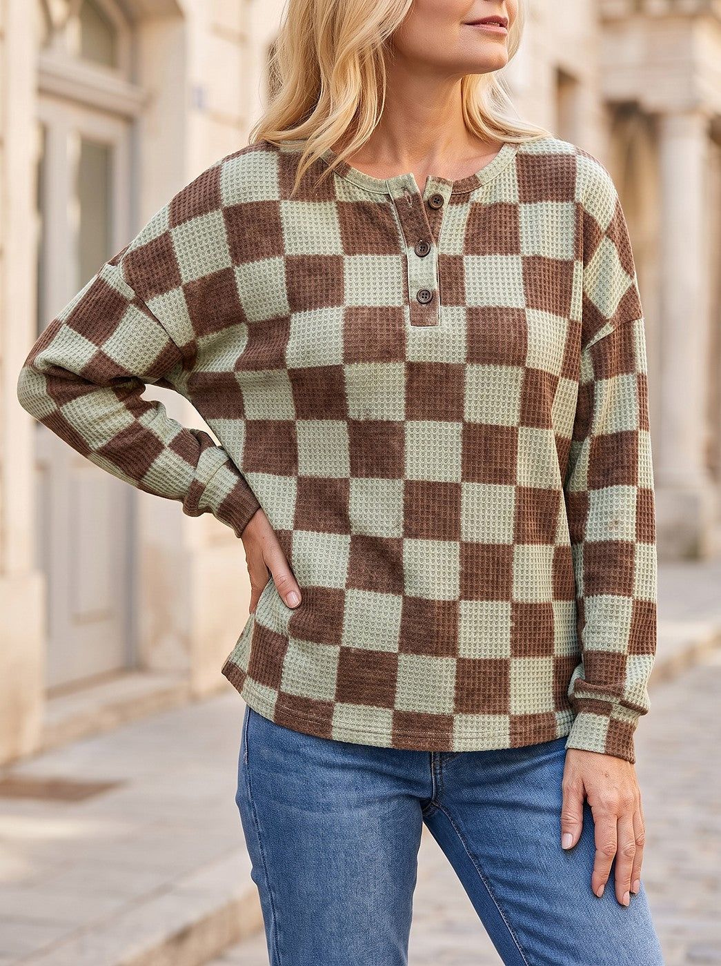 Women's Checked Waffle Button Placket Top