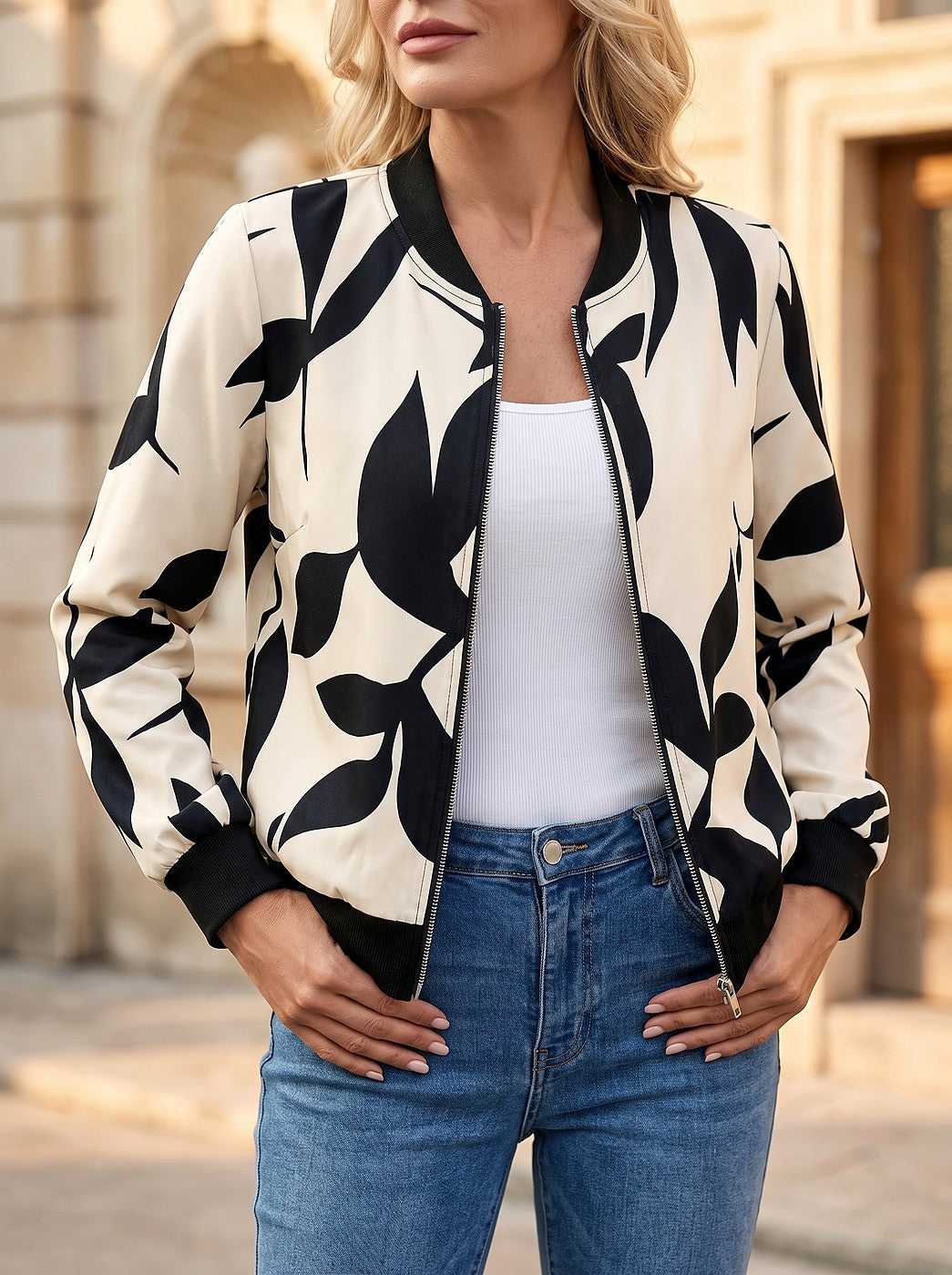 Women's Printed Satin Bomber with Rib Cuffs
