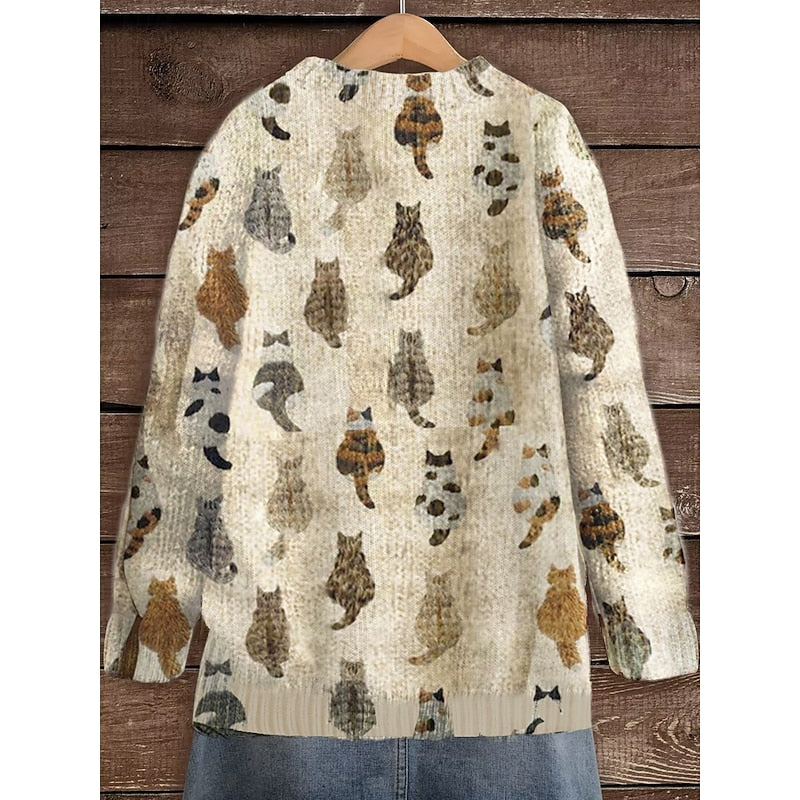 Women's Cat Print Button Cardigan