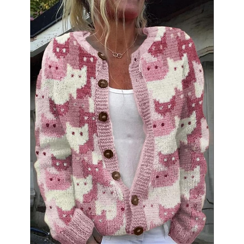 Women's Cat Print Button Cardigan