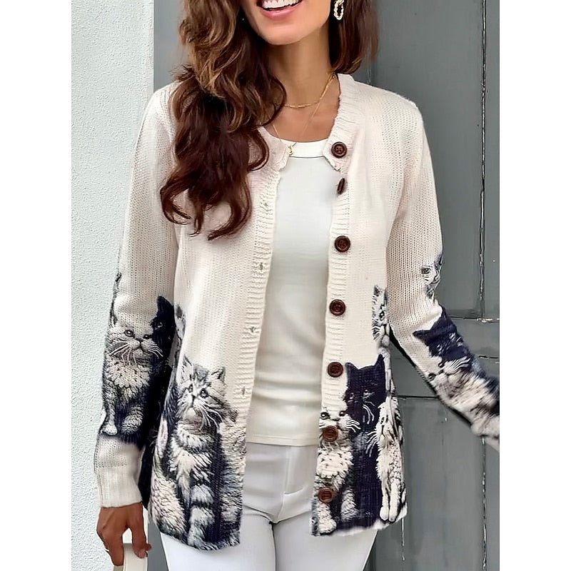 Women's Cat Print Button Cardigan