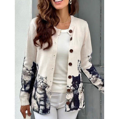 Women's Cat Print Button Cardigan