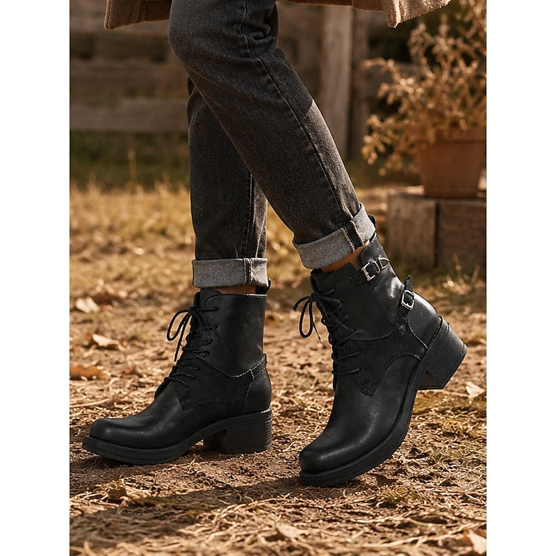 Women's Black Leather Combat Boots