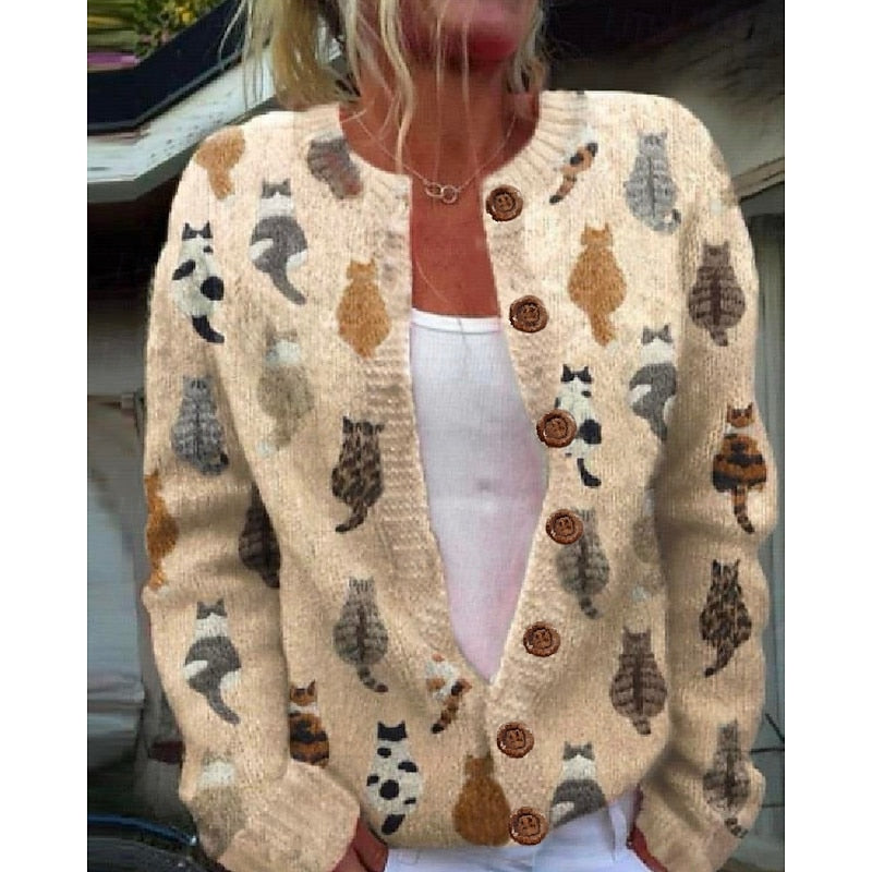 Women's Cat Print Button Cardigan