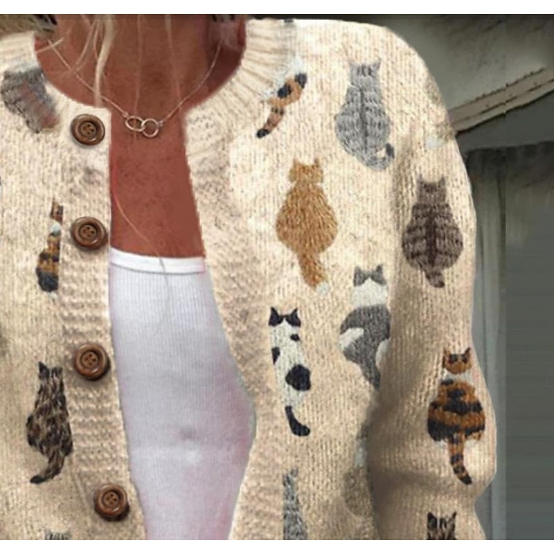 Women's Cat Print Button Cardigan