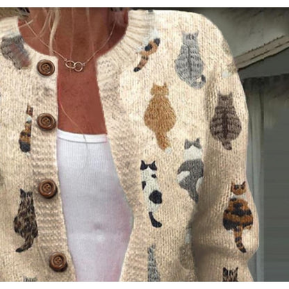 Women's Cat Print Button Cardigan