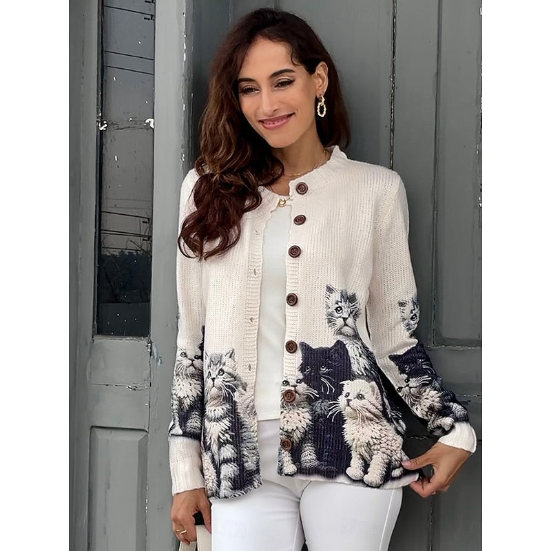 Women's Cat Print Button Cardigan
